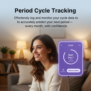 Promotional graphic for a period cycle tracking app, featuring a woman holding her hands with a purple smartphone interface overlay showing cycle tracking. Text at the top reads 'Period Cycle Tracking,' and a badge at the bottom left says 'Danoz RingSmart Just In - Super Smart Deal!'.