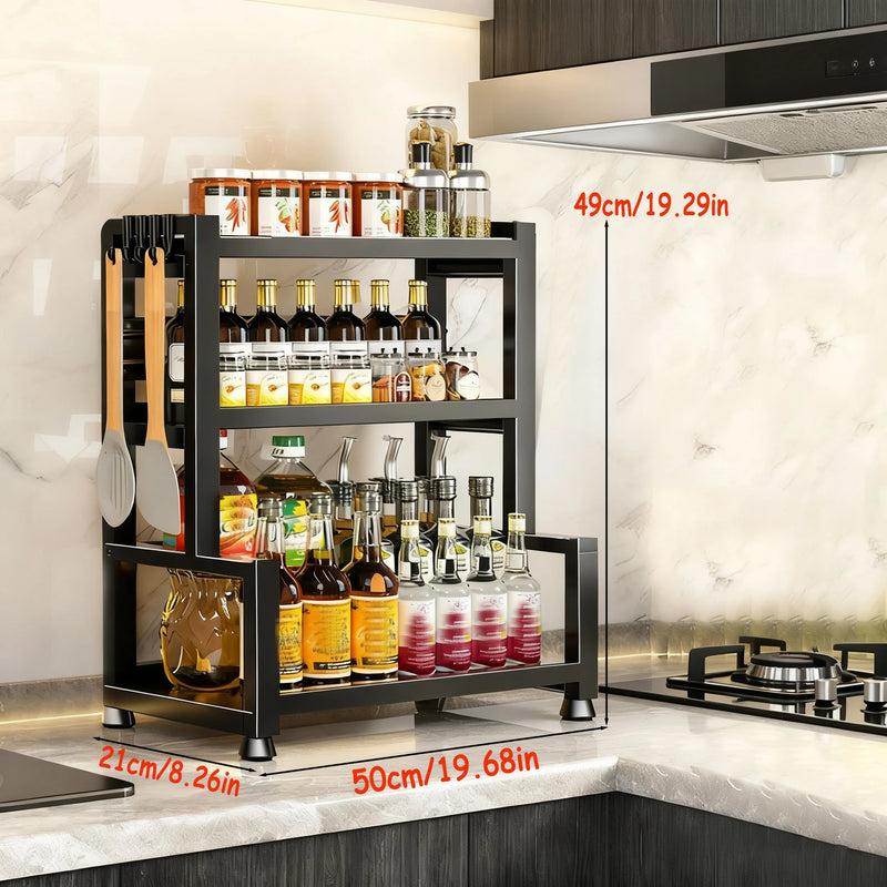 Danoz StoreSmart - 2-3 Tier Adjustable Metal Spice Rack Storage Box, Freestanding Multifunctional Kitchen Storage Rack, with Spice Protection and Fixing Device, Kitchen Organizer and Storage, Sturdy Rack/Hook Structure, Knife