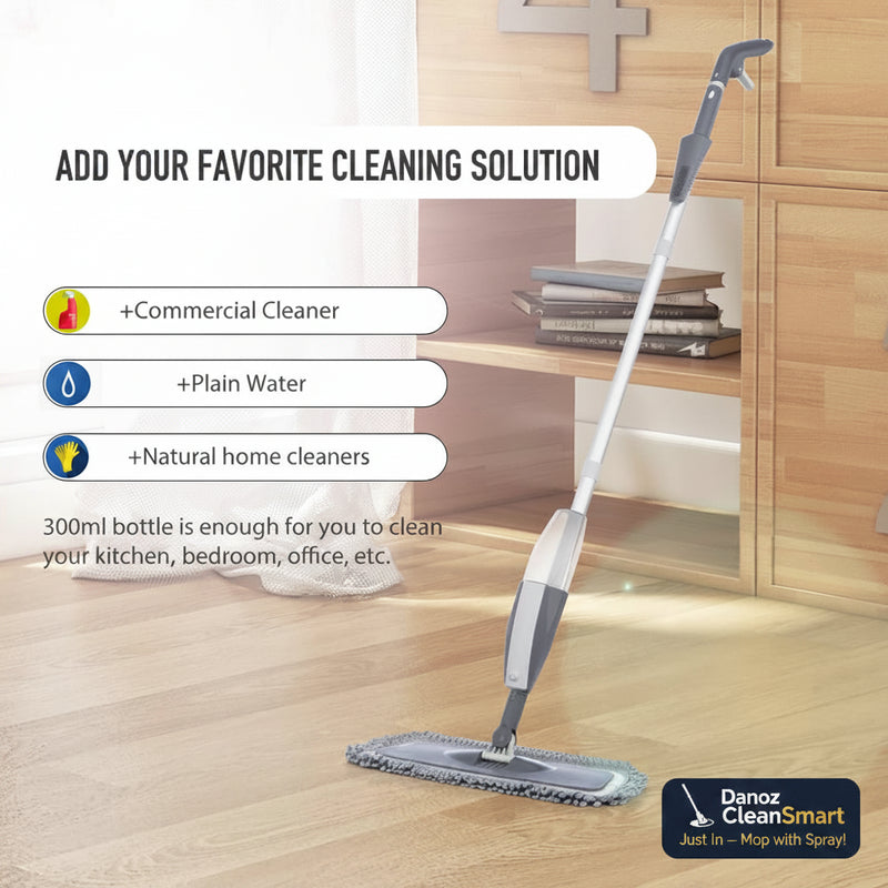 Spray mop on a wooden floor with cleaning solution options displayed.