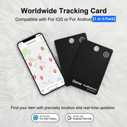Two carbon fiber texture tracking cards with a smartphone displaying a map on a white background.