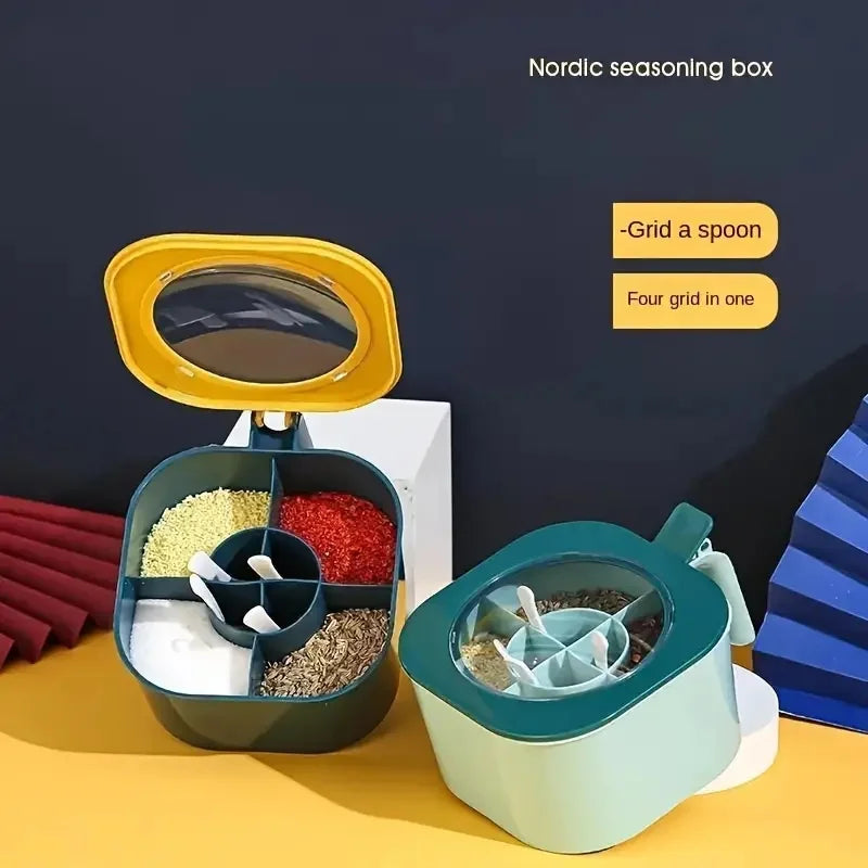 🌶️ Danoz SpiceSmart | 4-in-1 Large Capacity Seasoning Box | Lid & 4 Spoons | Kitchen Spice Container | Yellow & Blue-Green | Buy 1 Get 1 More! | Free Postage!