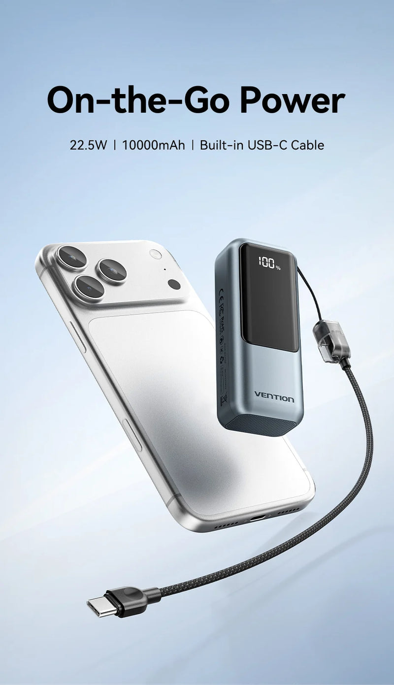 Danoz PowerSmart - Vention 10000mAh Mini Power Bank 22.5w Portable Charger Built-in USB C Cable PD 3.0 Fast Charging for iPhone 17 Samsung S25 S24 and others