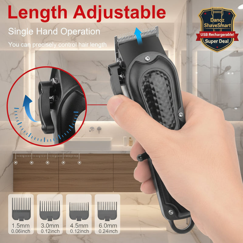Hair trimmer with adjustable length feature held by a hand, against a dark background.