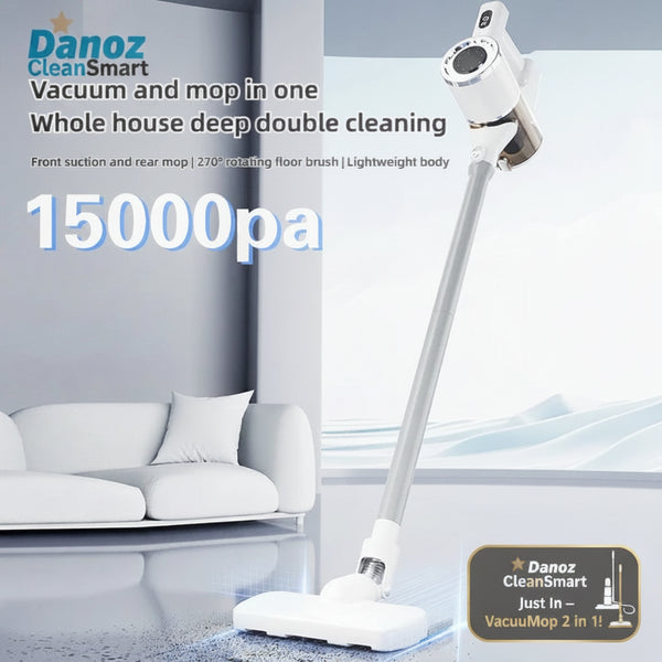 Tinsol vacuum and mop cleaning a floor with text highlighting features and power.