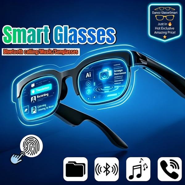 Black smart glasses with glowing blue digital interface overlays on the lenses, shown on a blue gradient background with text reading 'Smart Glasses' and icons for fingerprint, Bluetooth, music, and phone.