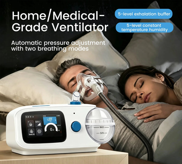 A home/medical ventilator machine shown in the foreground with a sleeping man and woman in bed in the background, connected by a breathing tube. The image includes marketing text highlighting features such as 5-level exhalation buffer, 5-level constant temperature humidity, and automatic pressure adjustment.