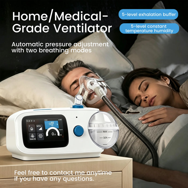 A home/medical ventilator machine shown in the foreground with a sleeping man and woman in bed in the background, connected by a breathing tube. The image includes marketing text highlighting features such as 5-level exhalation buffer, 5-level constant temperature humidity, and automatic pressure adjustment.
