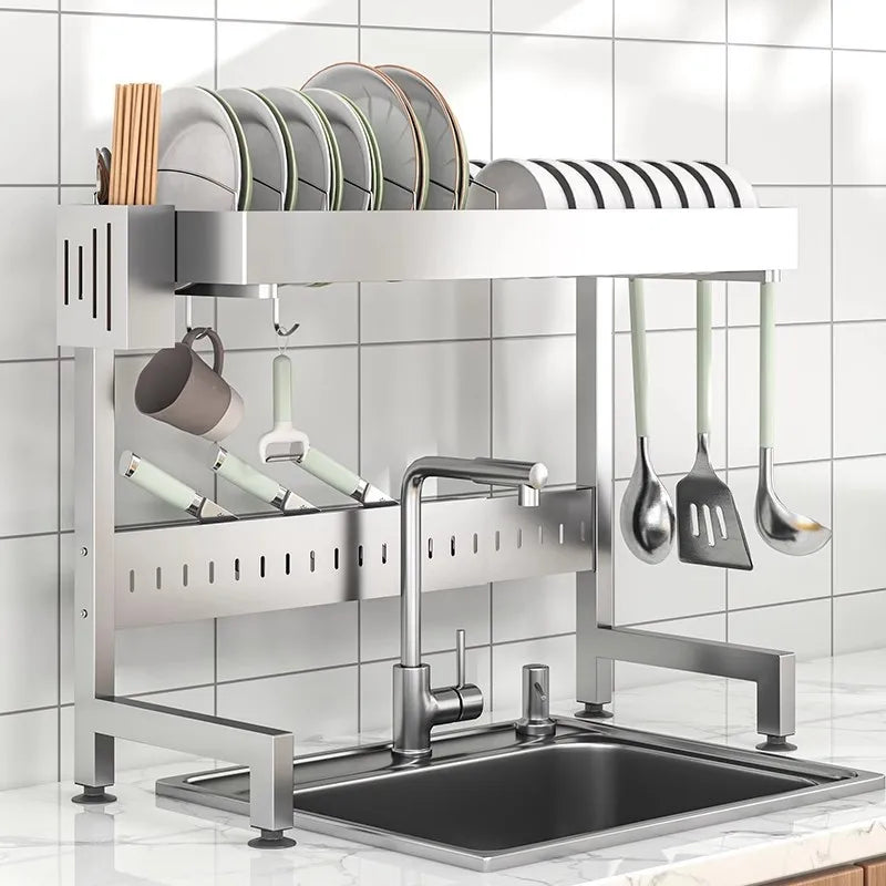 Danoz Kitchen - Adjustable Sink Drying Rack Over The Sink Dish Drying Holder Stainless Steel Kitchen Storage Dish Drainer Auto Drainage Hanger