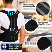 Posture corrector with detailed features and a person wearing it.