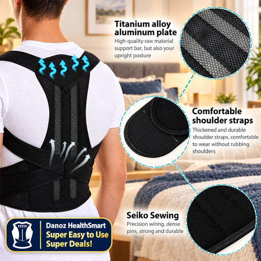 Posture corrector with detailed features and a person wearing it.