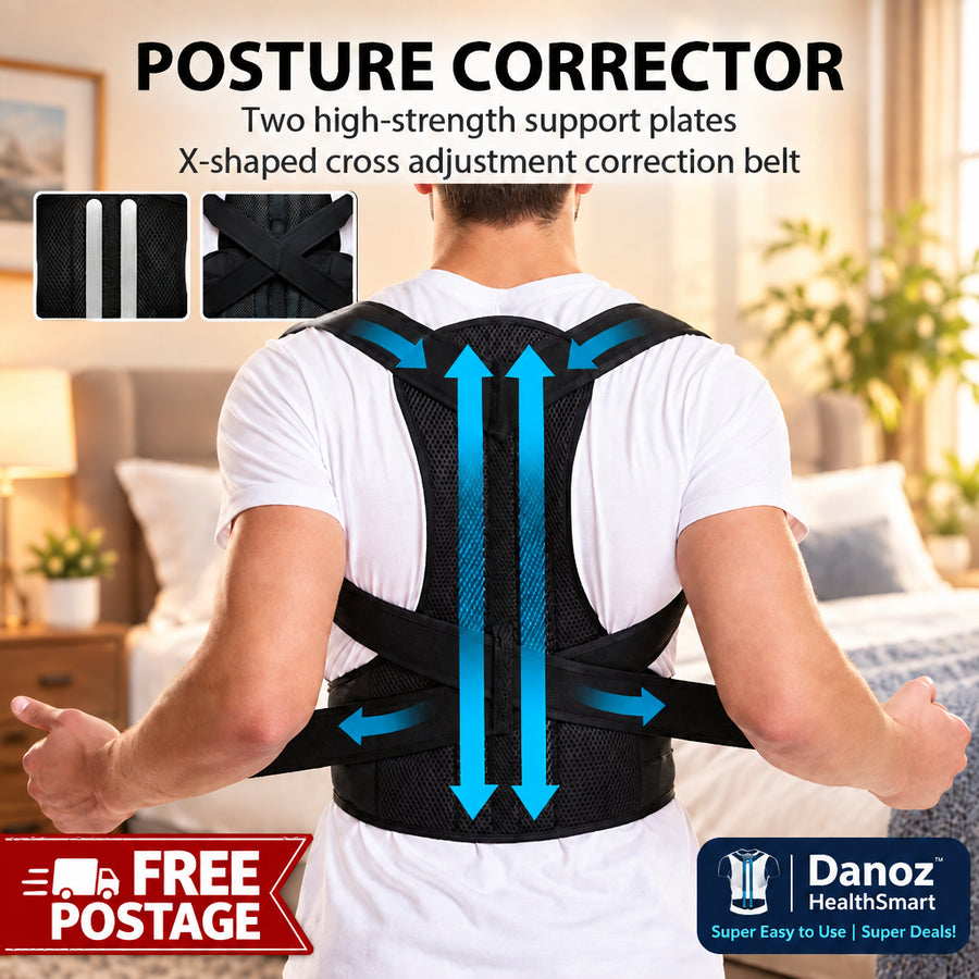 A person shown from the back wearing a posture corrector belt, with text at the top describing the product and blue arrows illustrating support and adjustment.