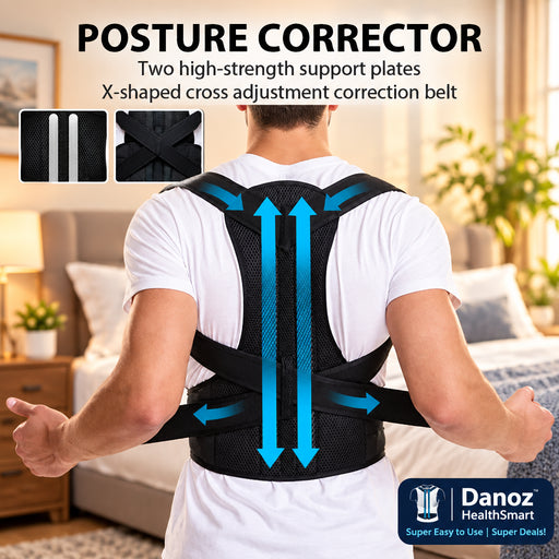 A person shown from the back wearing a posture corrector belt, with text at the top describing the product and blue arrows illustrating support and adjustment.