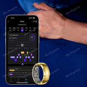 Smartphone displaying sleep tracking app with a gold ring on a blue background