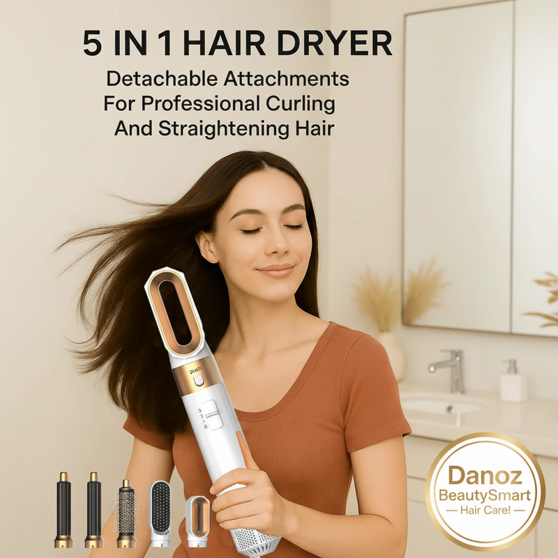 Danoz HairSmart - 5 In 1 Hair Dryer And Styler Kit With Professional Hot Air Brush Curling Iron Hair Straightener For Curling And Straightening