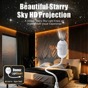 A white portable sky projector lamp shown in a modern bedroom setting, projecting a starry sky pattern onto the ceiling. The image includes promotional text at the top reading 'Beautiful Starry Sky HD Projection'.