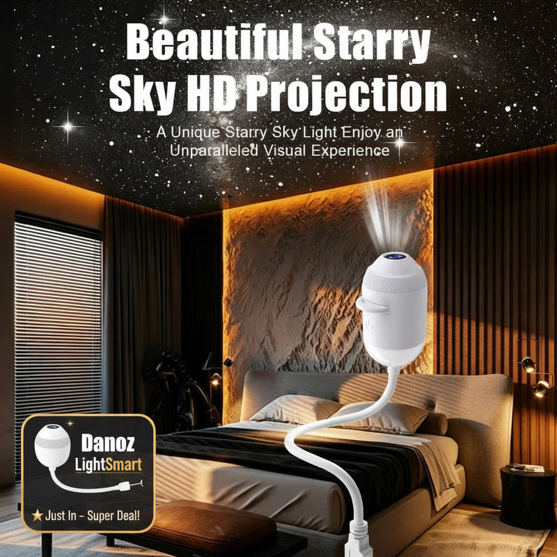 A white portable sky projector lamp shown in a modern bedroom setting, projecting a starry sky pattern onto the ceiling. The image includes promotional text at the top reading 'Beautiful Starry Sky HD Projection'.