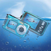 Two underwater phone cases with screens displaying swimmers, surrounded by bubbles on a blue underwater background.