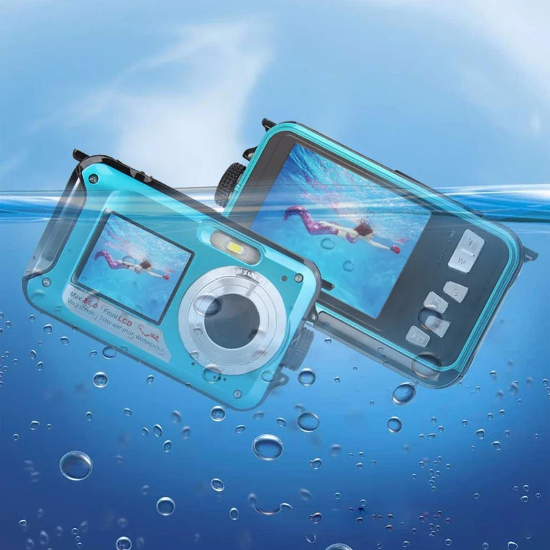 Two underwater phone cases with screens displaying swimmers, surrounded by bubbles on a blue underwater background.
