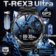 Black T-REX3 Ultra smartwatch with a metallic link band, featuring a topographical map display on the screen, surrounded by promotional badges for flashlight, GPS positioning, 1100mAh battery, and military-grade quality.