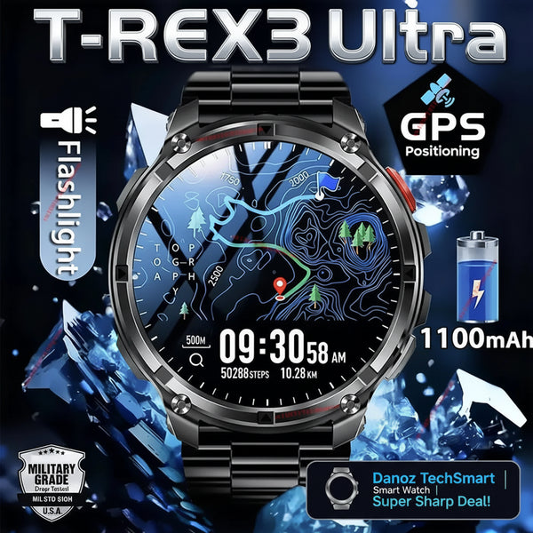 Black T-REX3 Ultra smartwatch with a metallic link band, featuring a topographical map display on the screen, surrounded by promotional badges for flashlight, GPS positioning, 1100mAh battery, and military-grade quality.