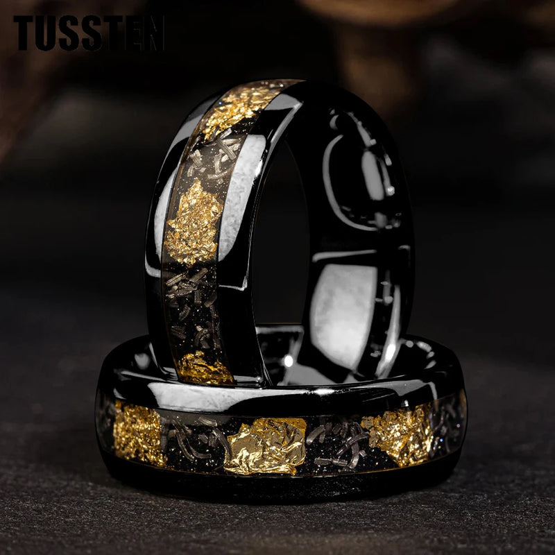 Danoz SmartRings - TUSSTEN 4/6/8MM Dome Edges Men and Women Fashion Engagement Wedding Band Meteorite Gold Foil Inlay Tungsten Carbide Rings