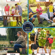 Collage of people engaging in outdoor activities like picnic, camping, fishing, and hiking with a red button overlay.