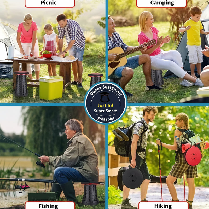 Collage of people engaging in outdoor activities like picnic, camping, fishing, and hiking with a red button overlay.