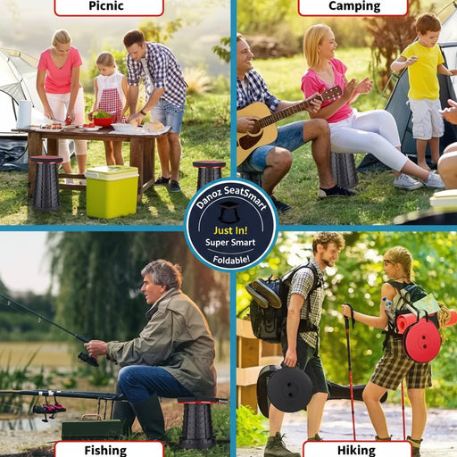 Collage of people engaging in outdoor activities like picnic, camping, fishing, and hiking with a red button overlay.