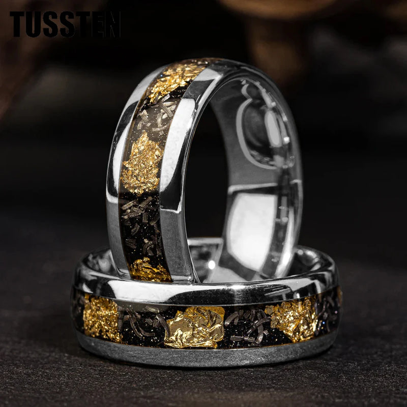 Danoz SmartRings - TUSSTEN 4/6/8MM Dome Edges Men and Women Fashion Engagement Wedding Band Meteorite Gold Foil Inlay Tungsten Carbide Rings