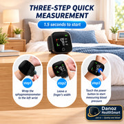 Three-step quick measurement guide for a blood pressure monitor with step-by-step instructions.