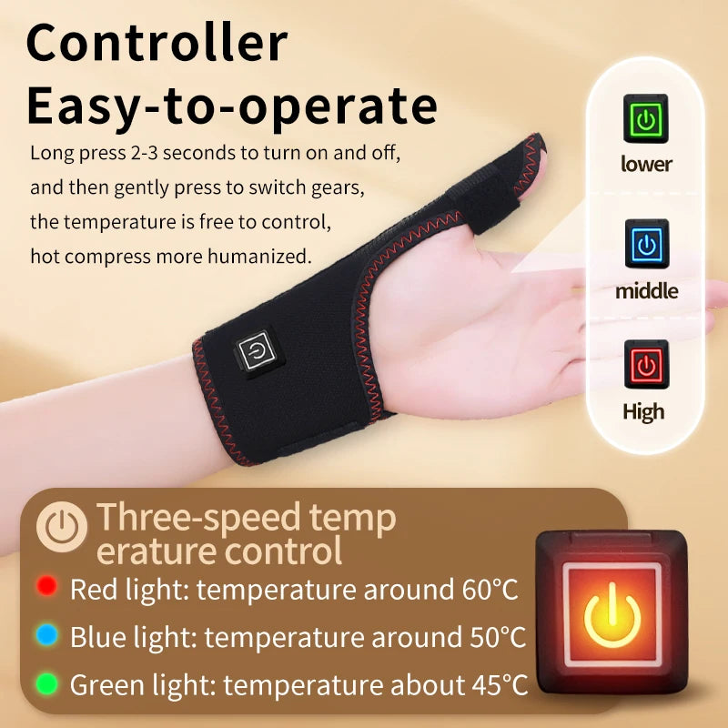Hand wearing a heating pad with temperature control indicators on a beige background