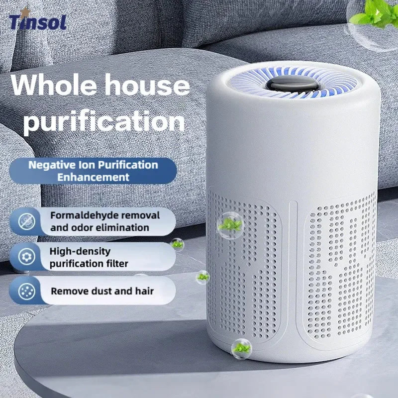 Air purifier with features highlighted on a gray couch background