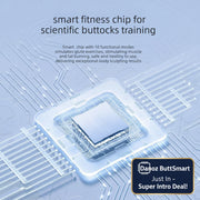 Promotional graphic for a smart fitness chip, featuring a glowing blue microprocessor over a circuit-board style background with text reading 'smart fitness chip for scientific buttocks training' and smaller descriptive copy.