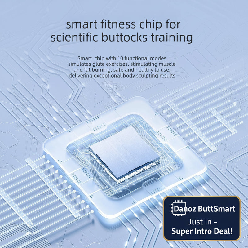 Promotional graphic for a smart fitness chip, featuring a glowing blue microprocessor over a circuit-board style background with text reading 'smart fitness chip for scientific buttocks training' and smaller descriptive copy.