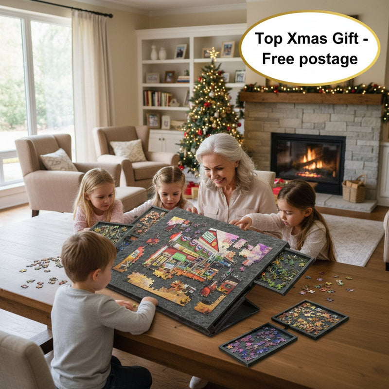Woman working on a puzzle with a transparent lid at a table.