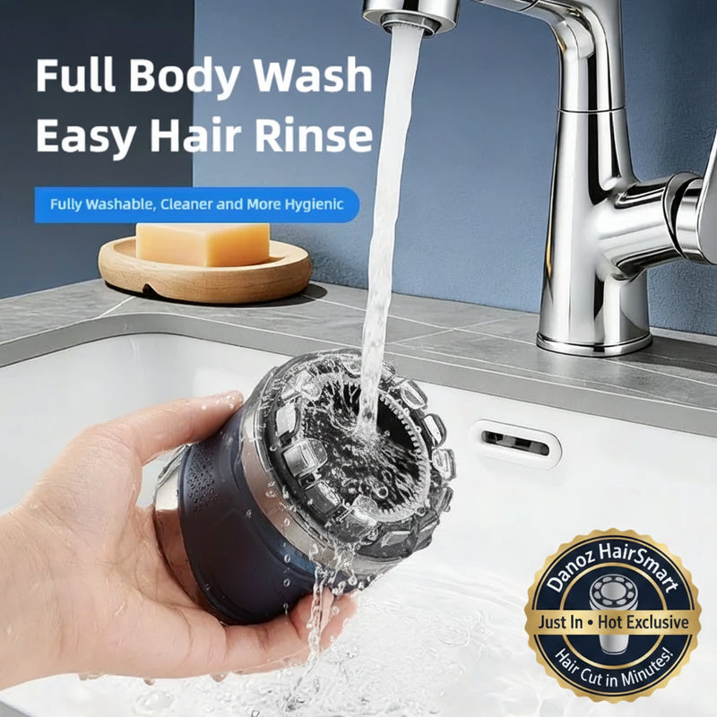 Hand holding a black and silver cleaning device under running water in a sink, with text about washability and hygiene.