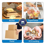 A 2x2 collage showing the product in use across four scenarios: in a kitchen, at a supermarket, during postal shipping, and while counting cash. Each panel features a blue label at the bottom with white text reading 'Kitchen', 'Supermarket', 'Postal', and 'PCS Counting'.