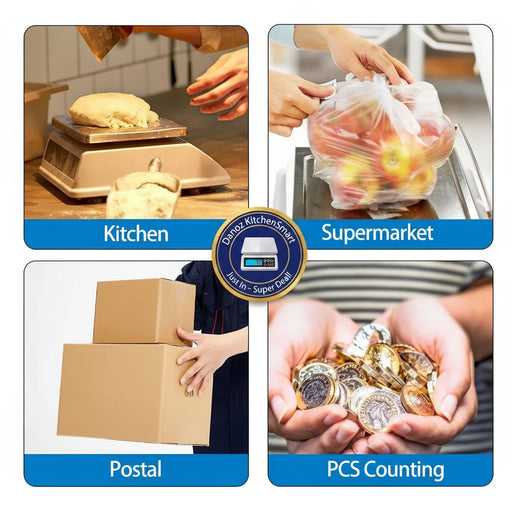 A 2x2 collage showing the product in use across four scenarios: in a kitchen, at a supermarket, during postal shipping, and while counting cash. Each panel features a blue label at the bottom with white text reading 'Kitchen', 'Supermarket', 'Postal', and 'PCS Counting'.