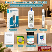 Blood Glucose Monitor Kit (G-520) set containing a digital blood glucose meter, lancet device, packaging box, user manual, batteries, test strips, and lancets, displayed on a clean white background with clear labels.