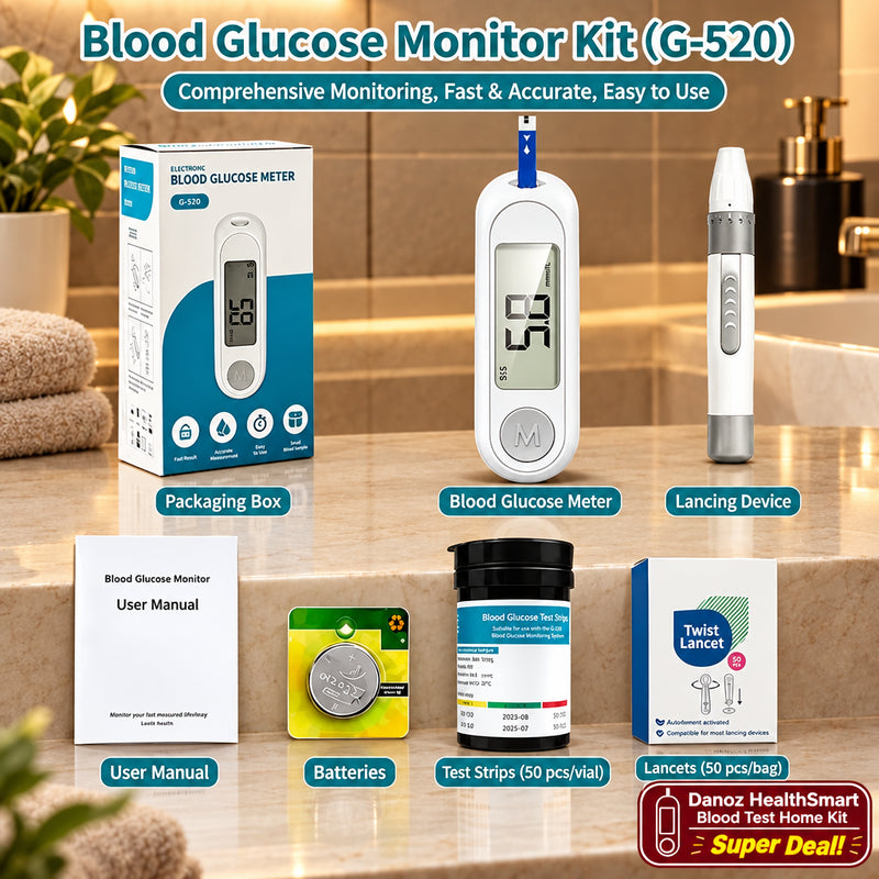 Blood Glucose Monitor Kit (G-520) set containing a digital blood glucose meter, lancet device, packaging box, user manual, batteries, test strips, and lancets, displayed on a clean white background with clear labels.