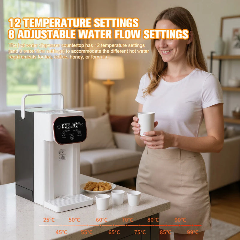 Woman holding a cup next to a hot water dispenser with text about temperature settings and adjustable water flow.