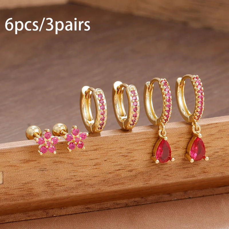 Danoz JewelrySmart - 6pcs Luxury Rose Red Zircon Stainless Steel Water Drop Hoop Earring For Women 14K Gold Plated Huggie Women's Piercing Jewelry