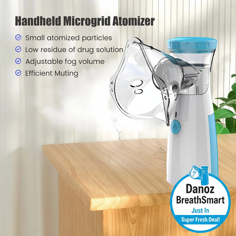 Handheld microgrid atomizer on a wooden surface with text highlighting its features.