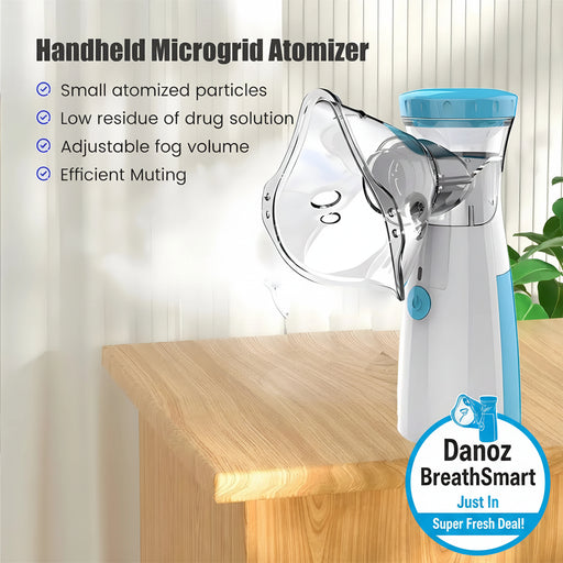 Handheld microgrid atomizer on a wooden surface with text highlighting its features.