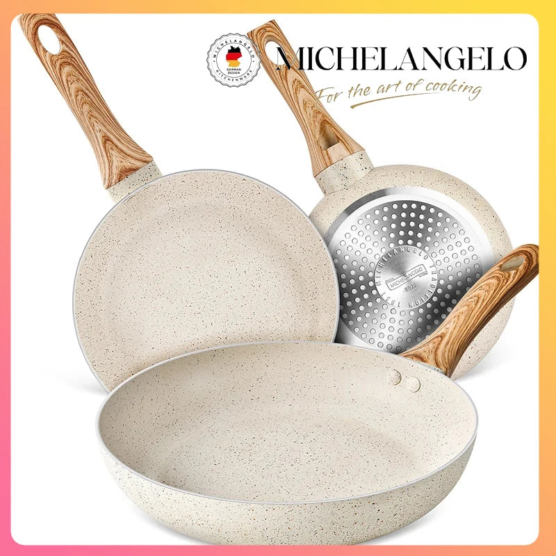 Cook up a storm with Danoz MICHELANGELO DuraStone 3-piece Granite Coated Frying Pan Set! with 5 years warranty.