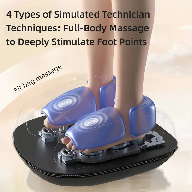 Person using a foot massage device with text about simulated technician techniques.