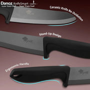 Three views of a Wyvit ceramic kitchen knife with a black ergonomic handle and satin-finished blade, showing product features with text labels: 'Ceramic Knife No Oxidation,' 'Stand-Up Design,' and 'Ergonomic Handle.'.