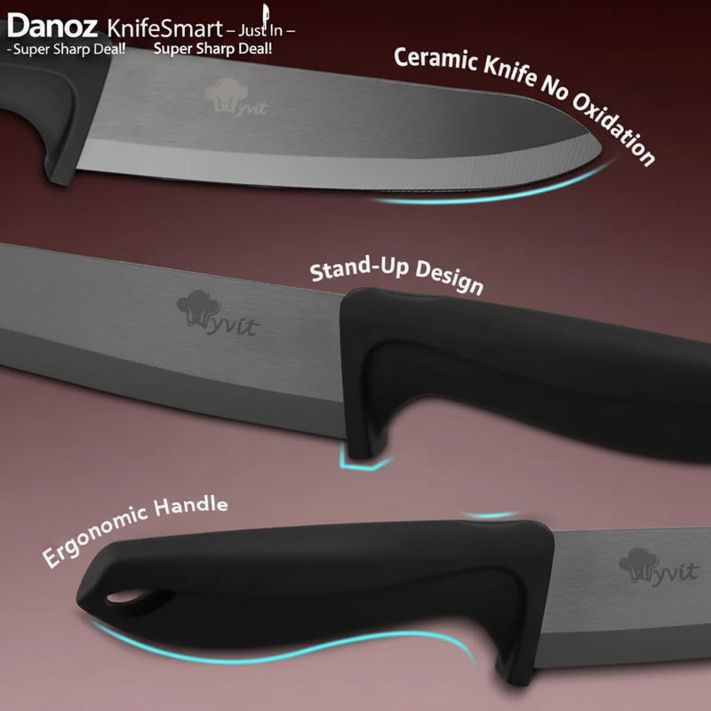 Three views of a Wyvit ceramic kitchen knife with a black ergonomic handle and satin-finished blade, showing product features with text labels: 'Ceramic Knife No Oxidation,' 'Stand-Up Design,' and 'Ergonomic Handle.'.