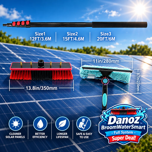 Solar panels cleaning brush and squeegee with measurement labels on a white background