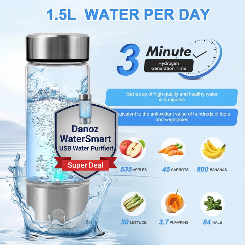 Hydrogen water generator with water splashing out, surrounded by health benefits icons.